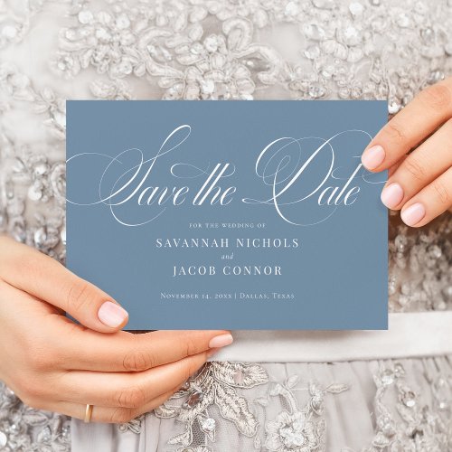 Modern Elegant Script Dusty Blue Save The Date