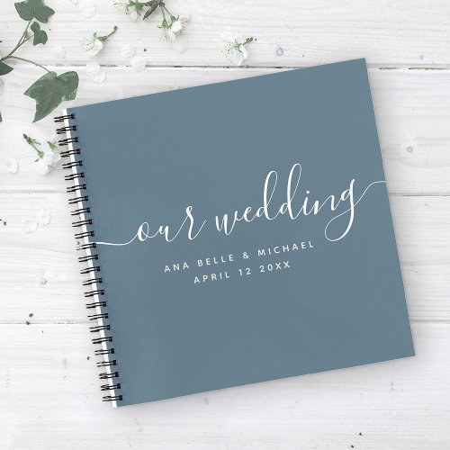 Modern Elegant Script Dusty Blue Wedding Guest Notebook