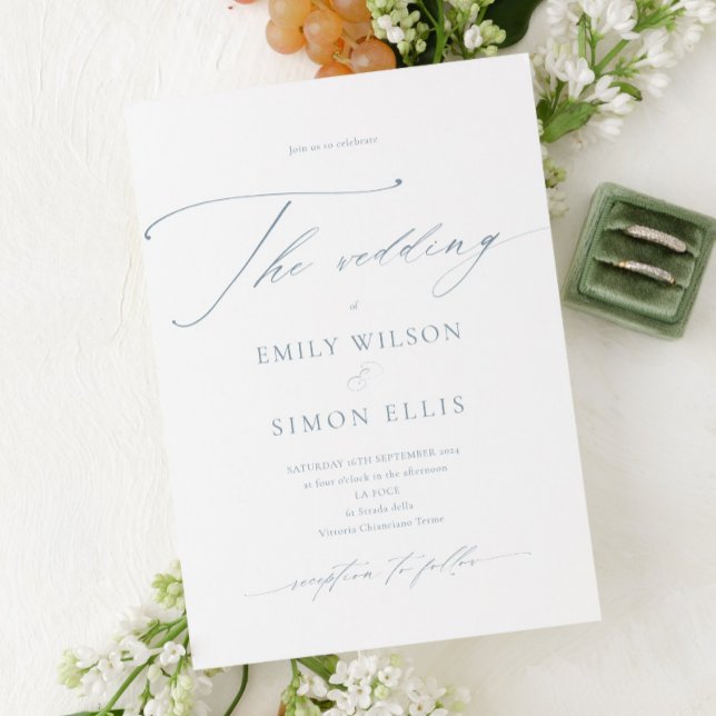 Modern Elegant Script Dusty Blue Wedding Invitation (dusty blue dainty script wedding invitation, elegant blue wedding invite, simple modern minimalist)