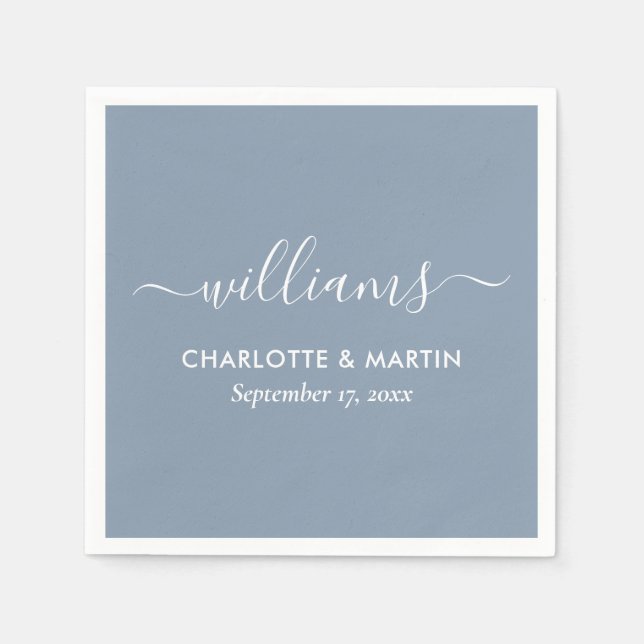 Modern Elegant Script Dusty Blue Wedding Napkins (Front)