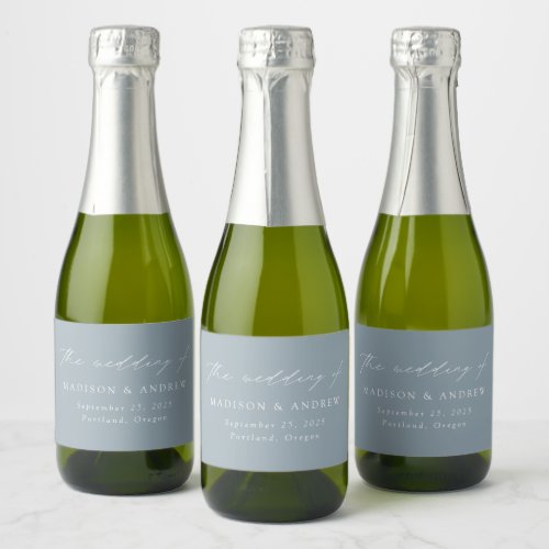 Modern Elegant Script Dusty Blue Wedding Sparkling Wine Label