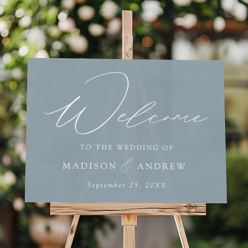 Modern Elegant Script Dusty Blue Wedding Welcome Acrylic Sign