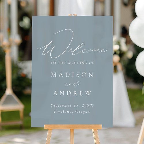 Modern Elegant Script Dusty Blue Wedding Welcome Acrylic Sign