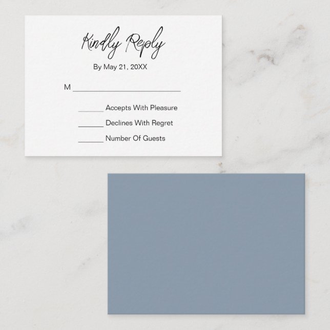 Modern Elegant Script Dusty Blue White RSVP Card (Front/Back)