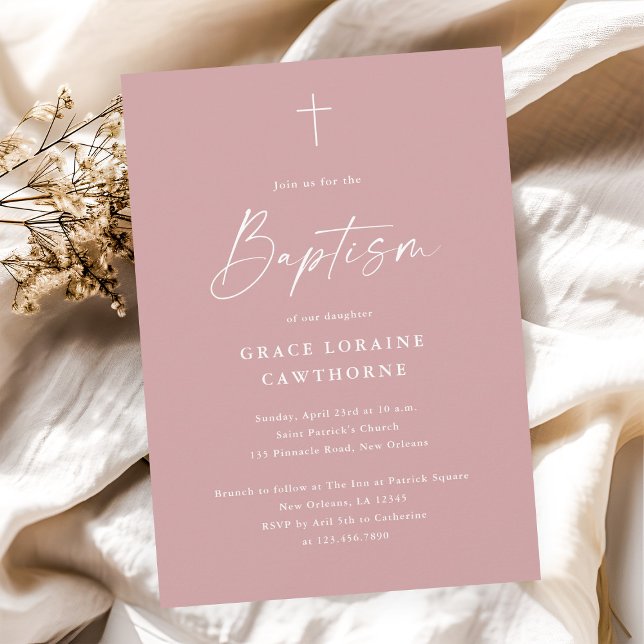 Modern Elegant Script Dusty Pink Girls Baptism Invitation (Modern elegant script dusty pink girls baptism invitation.)