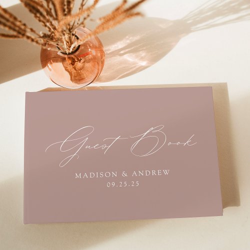 Modern Elegant Script Dusty Rose Photo Wedding Guest Book