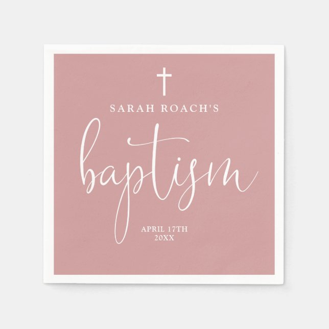 Modern Elegant Script Dusty Rose Pink Baptism Napkins (Front)