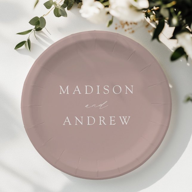 Modern Elegant Script Dusty Rose Wedding Paper Plates (Creator Uploaded)