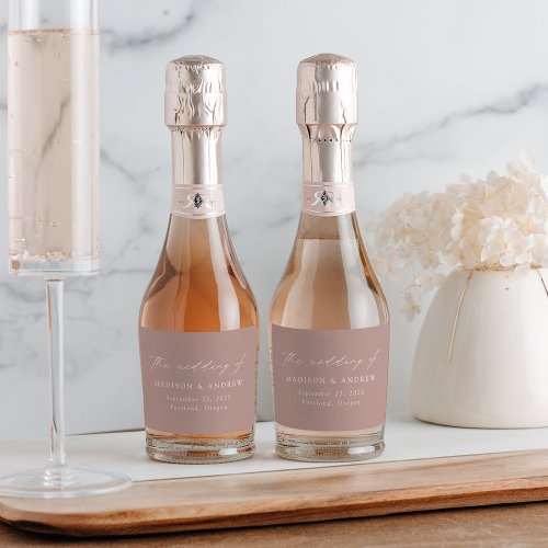 Modern Elegant Script Dusty Rose Wedding Sparkling Wine Label