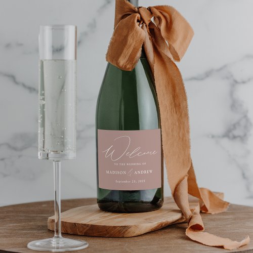 Modern Elegant Script Dusty Rose Wedding Sparkling Wine Label