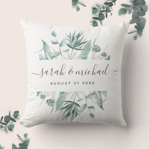 Modern Elegant Script Eucalyptus Greenery Wedding Throw Pillow