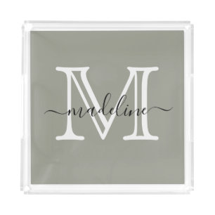 Modern Elegant Script Evergreen Fog Monogram Acrylic Tray
