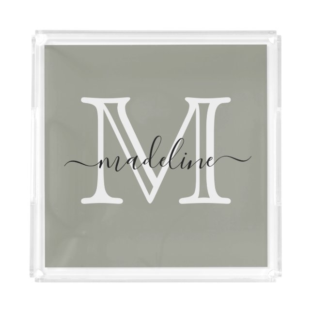 Modern Elegant Script Evergreen Fog Monogram Acrylic Tray (Front)