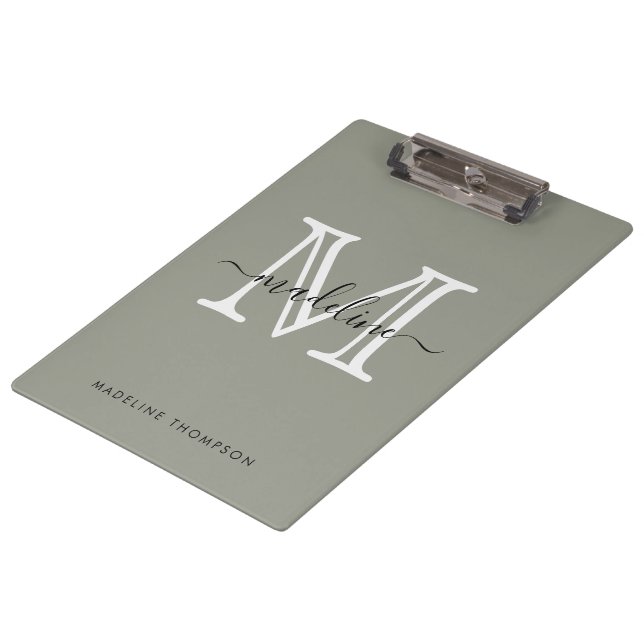 Modern Elegant Script Evergreen Fog Monogram Clipboard (Angled)