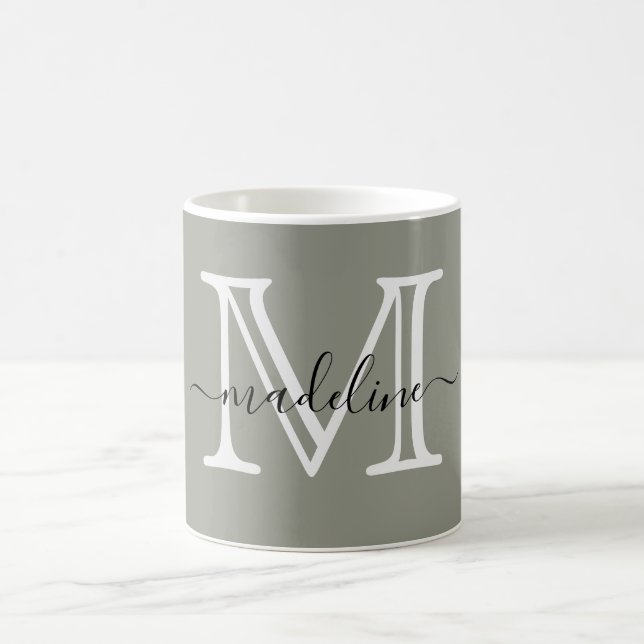 Modern Elegant Script Evergreen Fog Monogram Coffee Mug (Center)