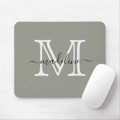 Modern Elegant Script Evergreen Fog Monogram Mouse Pad