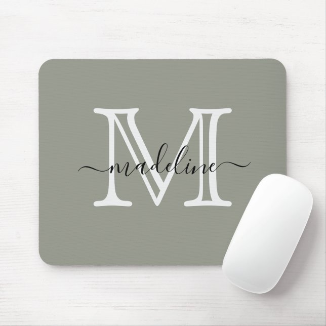 Modern Elegant Script Evergreen Fog Monogram Mouse Pad (With Mouse)
