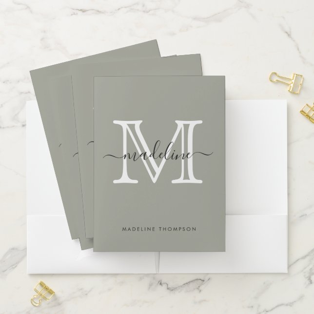 Modern Elegant Script Evergreen Fog Monogram Pocket Folder (In Situ)
