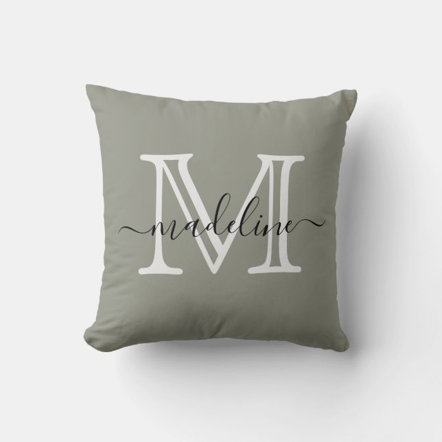 Modern Elegant Script Evergreen Fog Monogram Throw Pillow (Front)