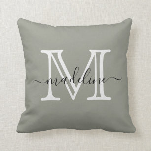 Modern Elegant Script Evergreen Fog Monogram Throw Pillow