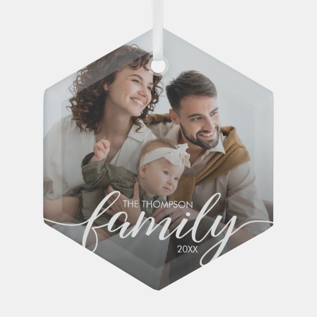 Modern Elegant Script Family love Christmas Photo Glass Ornament (Front)