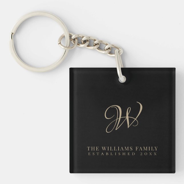 Modern Elegant Script Family Monogram Gold Black Keychain (Front)