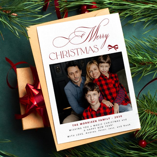 Modern elegant script family photo Merry Christmas Holiday Card (Creator Uploaded)