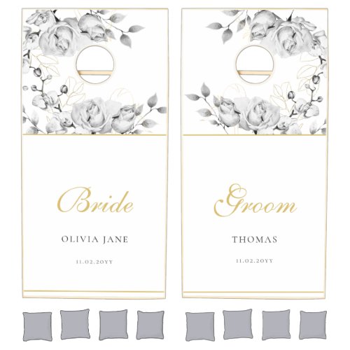 Modern Elegant Script Floral Black White Wedding Cornhole Set