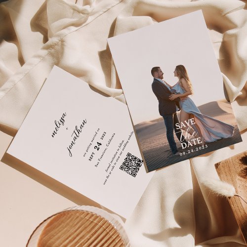 Modern Elegant Script Full Photo QR code Wedding Save The Date