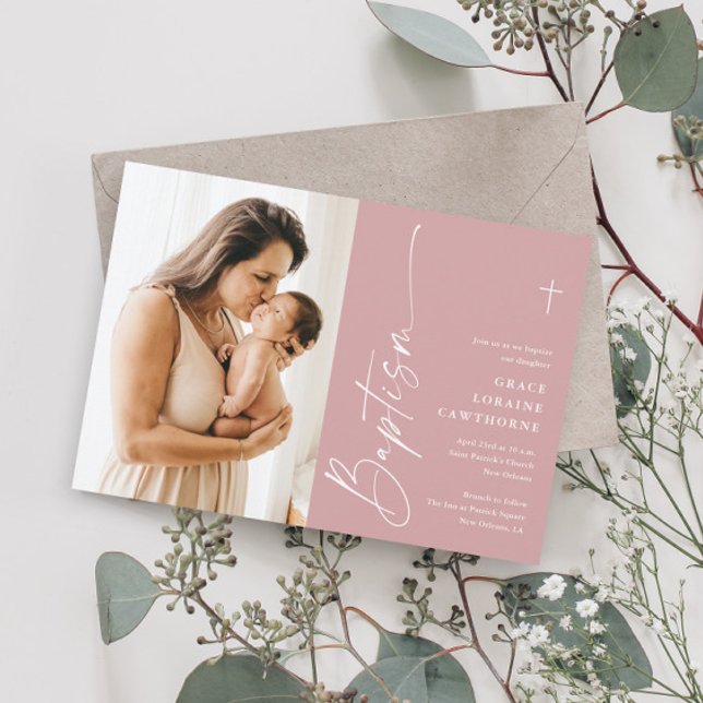 Modern Elegant Script Girls Photo Baptism Invitation (Creator Uploaded)