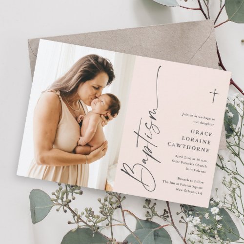 Modern Elegant Script Girls Photo Baptism Invitation