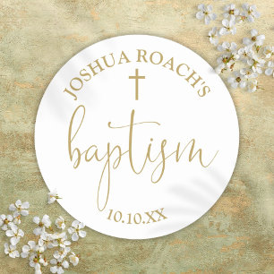Modern Elegant Script Gold Baptism Classic Round Sticker