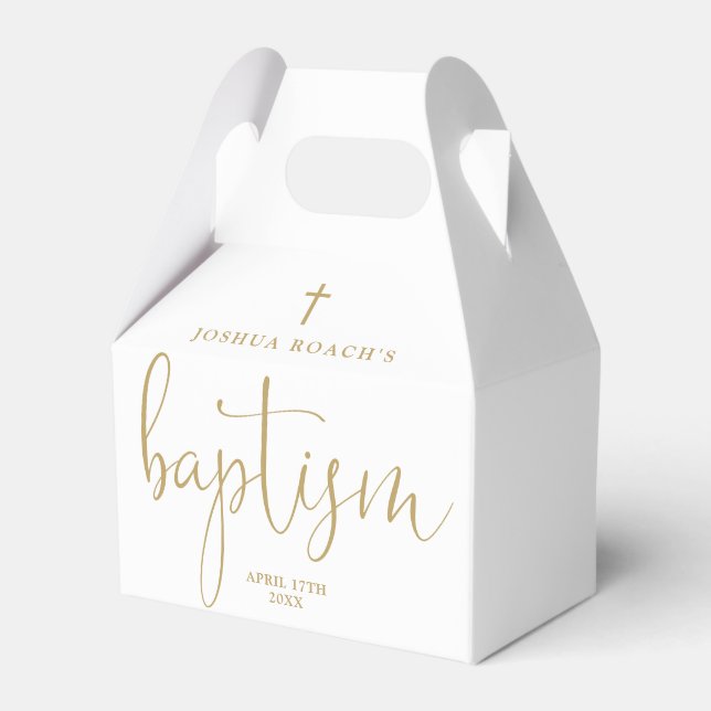 Modern Elegant Script Gold Baptism Favor Boxes (Front Side)