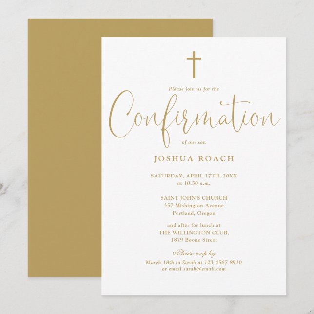 Modern Elegant Script Gold Confirmation Invitation (Front/Back)