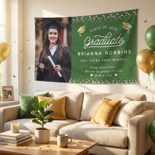 Modern Elegant Script Gold Graduation Photo Green Banner