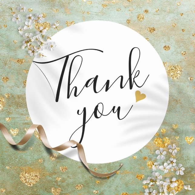 Modern Elegant Script Gold Heart Thank You Classic Round Sticker (Modern Elegant Script Gold Heart Thank You Classic Round Sticker)
