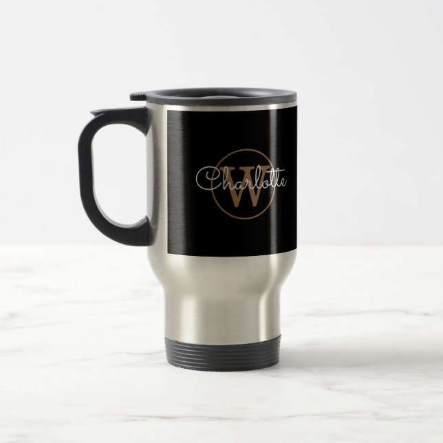 Modern Elegant Script Gold Monogram Black  Travel Mug (Left)