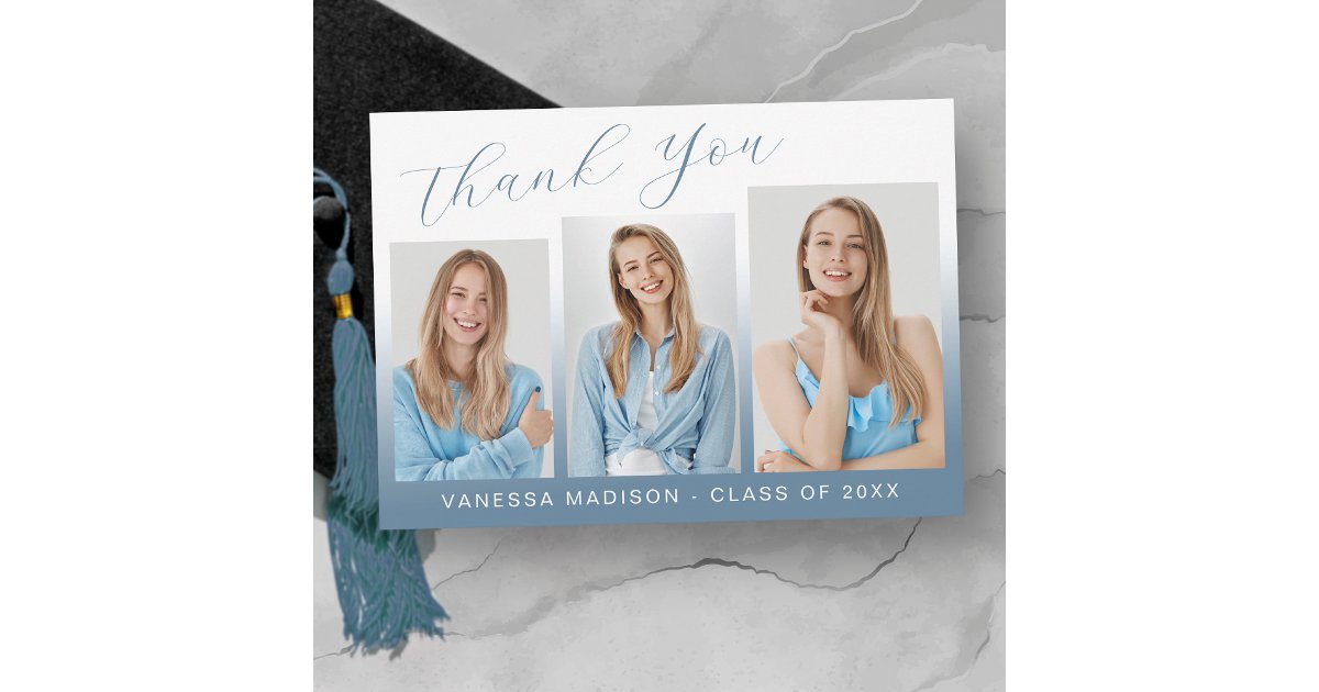 Modern Elegant Script Gradient Blue 3 Photo Grad Thank You Card | Zazzle