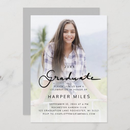 Modern elegant script gradient graduation photo invitation | Zazzle