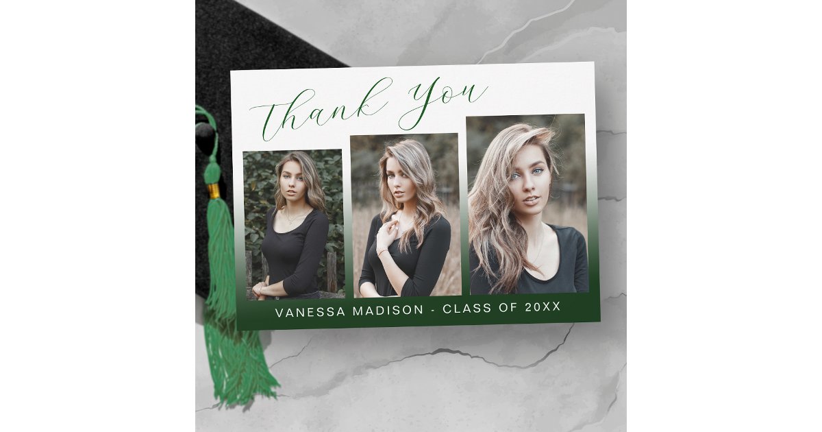 Modern Elegant Script Gradient Green 3 Photo Grad Thank You Card | Zazzle