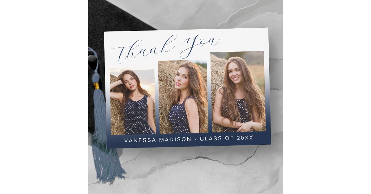 Modern Elegant Script Gradient Navy 3 Photo Grad Thank You Card | Zazzle