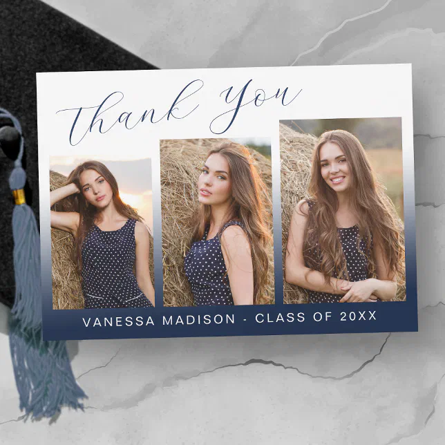 Modern Elegant Script Gradient Navy 3 Photo Grad Thank You Card | Zazzle