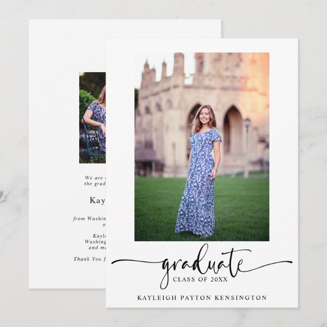 Modern Elegant Script Graduation Photo Announcement (Front/Back)