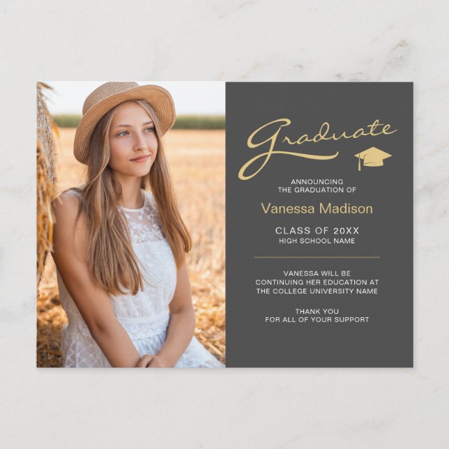 Modern Elegant Script Gray & Gold | 2 Photo Grad Postcard (Front)