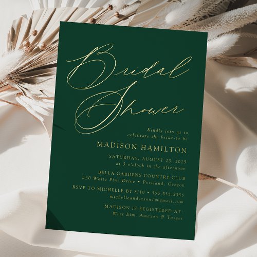 Modern Elegant Script Green and Gold Bridal Shower Foil Invitation