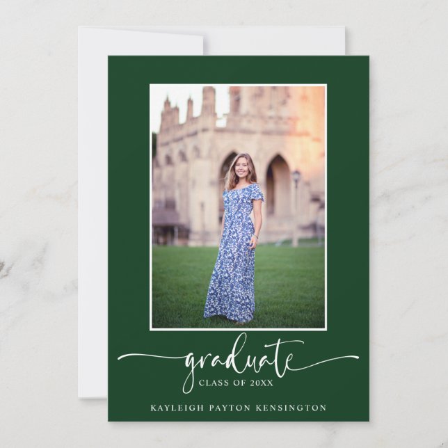 Modern Elegant Script Green Graduation Photo Announcement (Front)