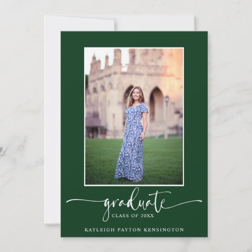 Modern Elegant Script Green Graduation Photo Announcement