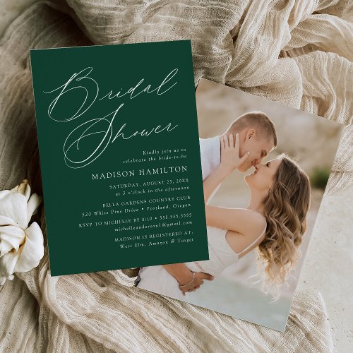 Modern Elegant Script Green Photo Bridal Shower Invitation