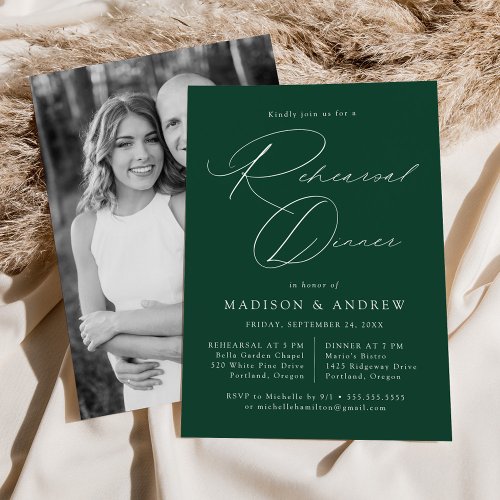 Modern Elegant Script Green Photo Rehearsal Dinner Invitation