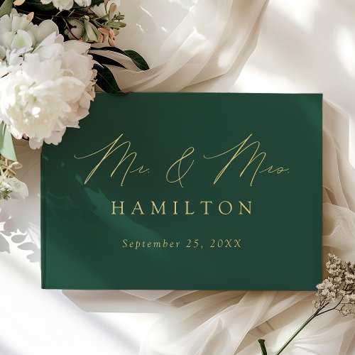 Modern Elegant Script Green Photo Wedding Foil Guest Book